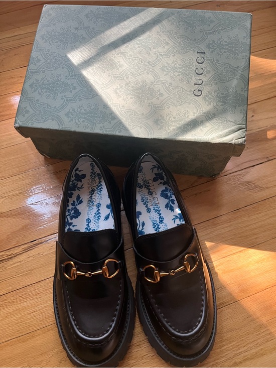 Gucci Shoes - Gucci Black Leather Horsebit Lug Sole Loafers with Gold Hardware